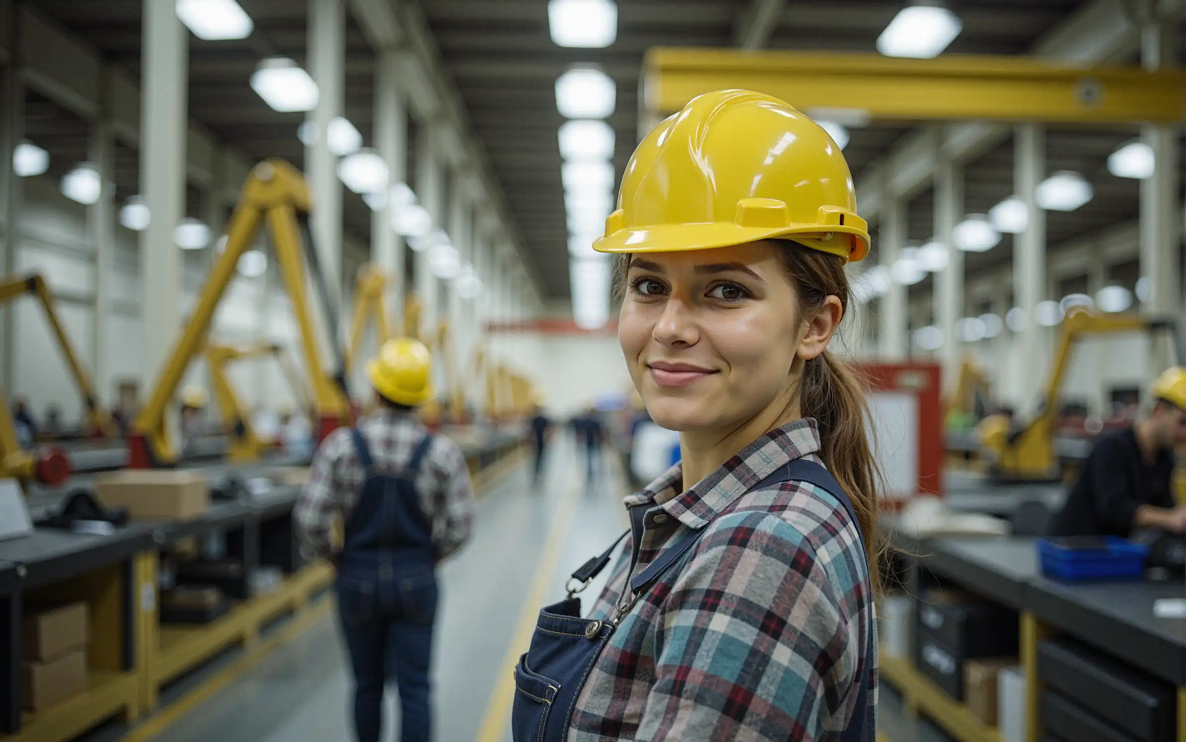 An AI-generated image of a woman in a workshop type location wearing a safety helmet